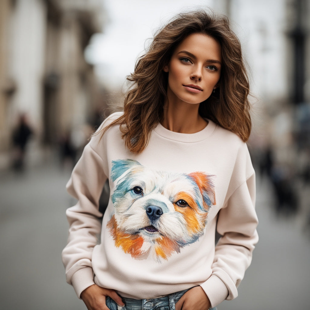 Woman wears cute printed sweatshirt on the street